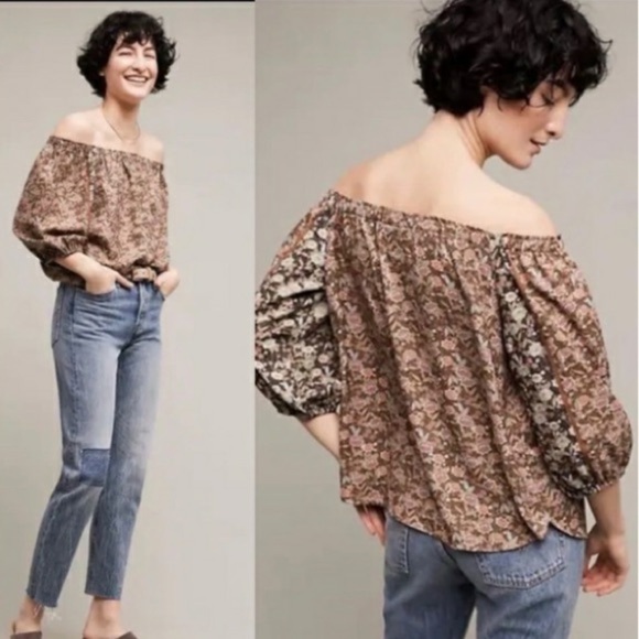 Anthropologie One September Green Pink Floral Print Off The Shoulder Top - Picture 2 of 12